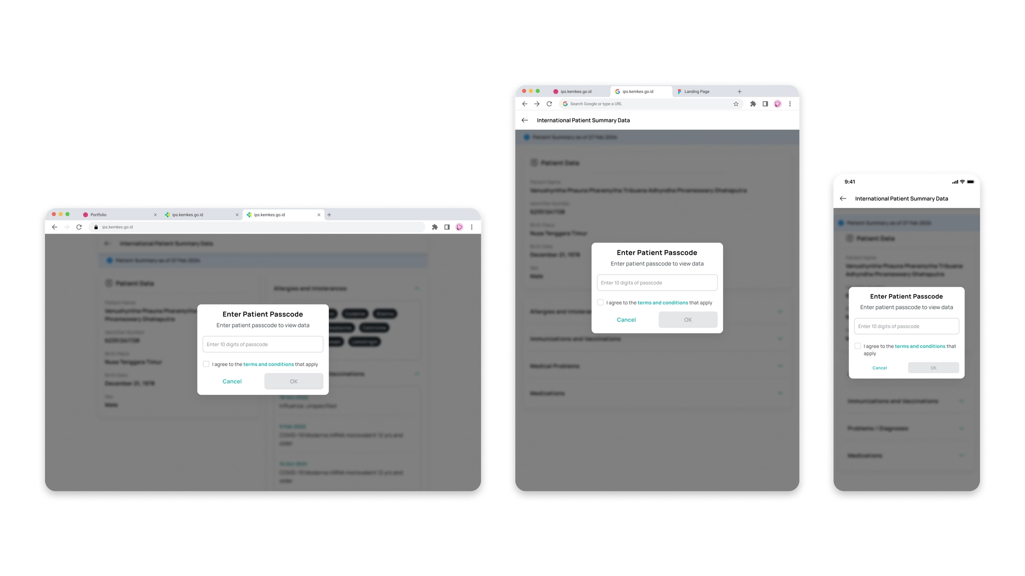 Patient passcode entry modal shown across desktop, tablet, and mobile