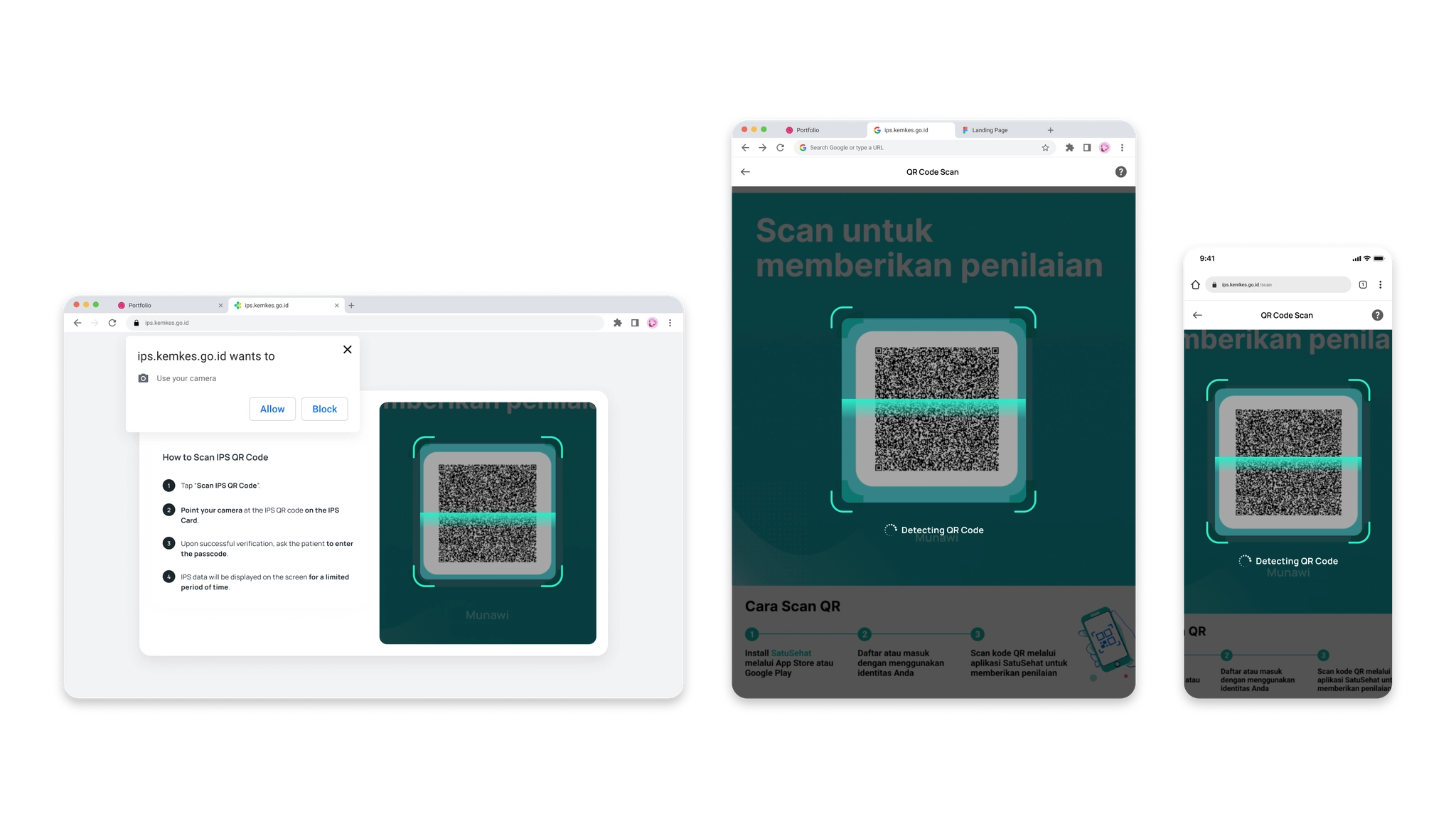 QR code scanner screen with live detection, shown across desktop, tablet, and mobile